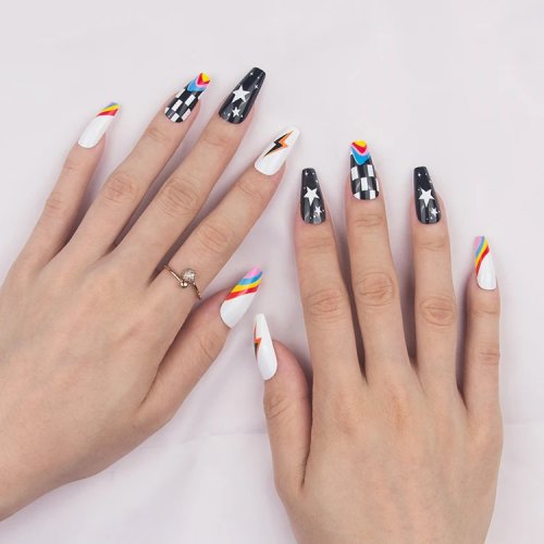 Full Cover Artificial Fingernails Checkerboard False Nails